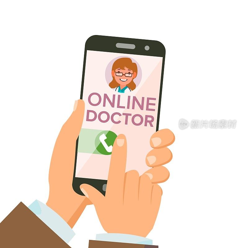 在线医生App Vector。手拿着智能手机。在线咨询。女人在屏幕上。医疗移动服务。孤立平面插图